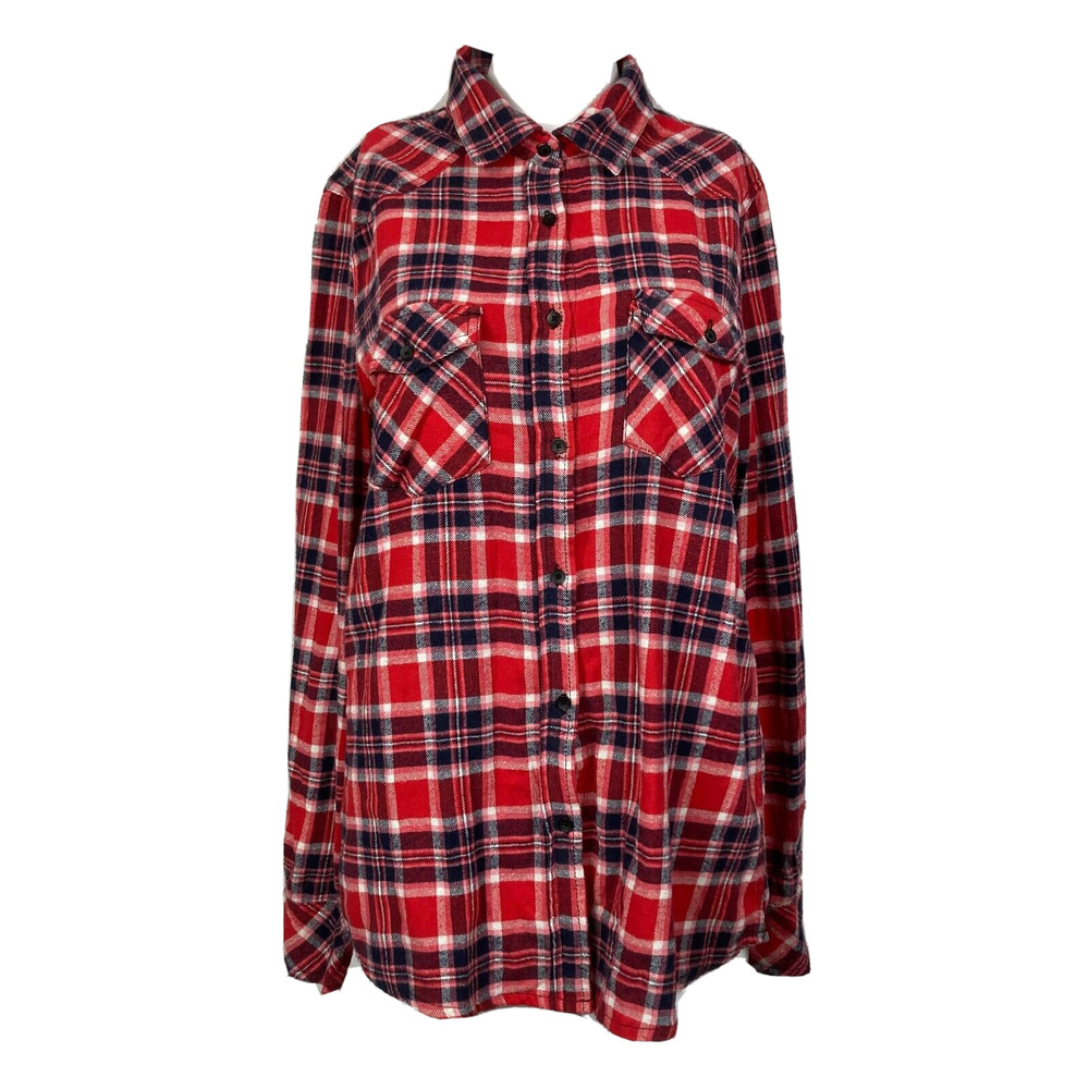 CI‎ SONO Shirt Womens Sz L Red Blue Plaid Flannel Cotton Elbow Patch Button Up
